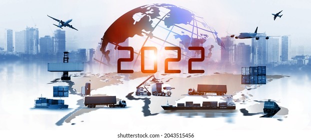 2022 newyear of The world logistics , there are world map with logistic network distribution on background and Logistics Industrial Container Cargo freight ship for Concept of fast or instant shipping