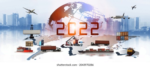 2022 newyear of The world logistics , there are world map with logistic network distribution on background and Logistics Industrial Container Cargo freight ship for Concept of fast or instant shipping