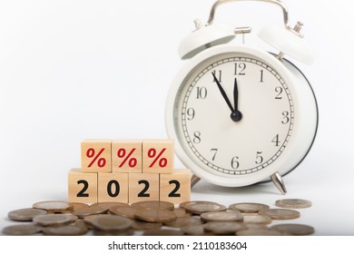 2022 percent Interest rate. inflation, risk management, business financial concept. Wooden cube block icon percent symbol.

