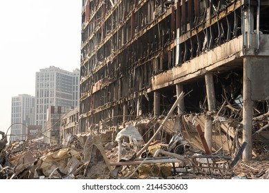 2022 Russian Invasion Of Ukraine War Torn City Destroyed Building Ruins City Attack Bomb Shell Of Civilian Bombed Building Destruction City Explosion. Russia War Damage Building Explosion. Devastation