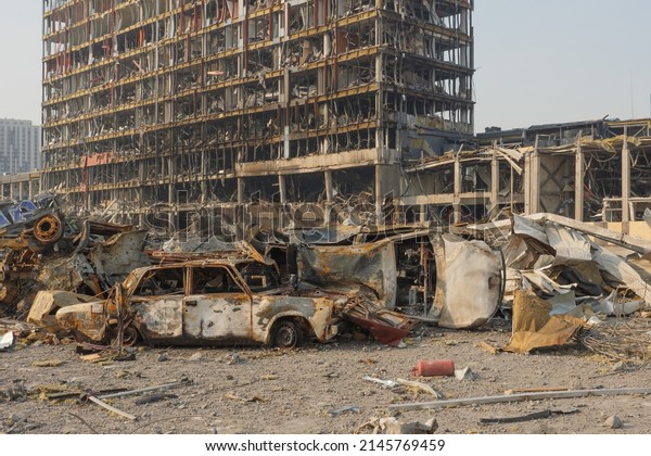 2022 Russian invasion of Ukraine war torn city\
destroyed car burn out. Aftermath shell of civilian bombed city\
damage car. Bomb attack Russia war damage Ukraine city war\
destruction Russian\
aggression