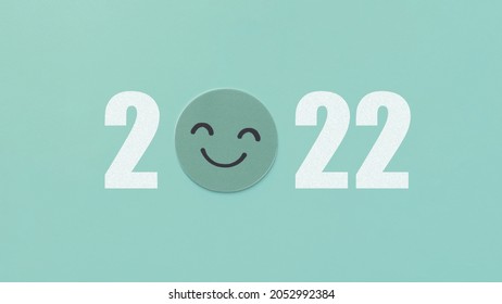 2022 With Smile Face Paper Cut, Happy New Year, Positive Mental Health, Optimistic Resolution Goal