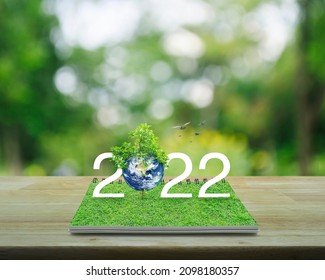 2022 Text With Planet And Tree On Green Grass On Open Book On Table Over Blur Tree In Park, Happy New Year 2022 Ecological Cover, Save The Earth Concept, Elements Of This Image Furnished By NASA