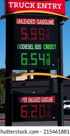 2022 USA: Pilot Car And Truck Stop In California. Sign With Gas And Diesel Prices Displayed. 