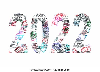 2022 Written With Passport Stamps On White Background, Near Year Travel And Tourism Concept