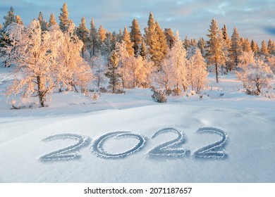 2022 written in the snow, winter landscape greeting card