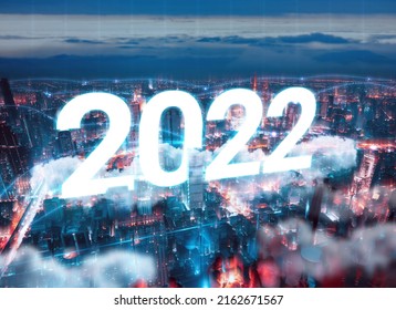 2022 year manipulated city with digital network line link metaverse era concept. Cyberpunk futuristic theme color. World business trend of data connect in blockchain system.