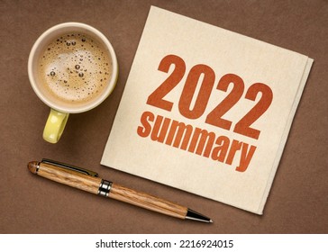 2022 year summary text on a napkin with a cup of coffee, end of year business concept - Shutterstock ID 2216924015