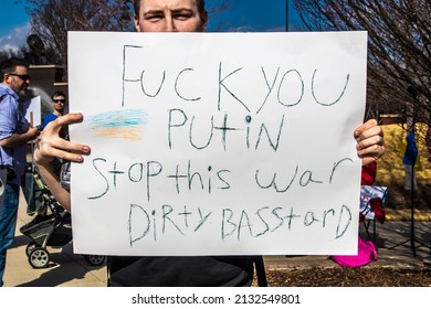 2022-03-05 Tulsa OK USA - Rally For Ukraine - Man Hold Sign Saying F You Putin Stop This War Dirty B