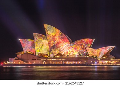 2022-05-30 - Circular Quay, NSW, Australia. This photo shows the Sydney Harbour Bridge during the 2022 Vivid Sydney Festival. It is the first week of the event, after being cancelled for 2 years.