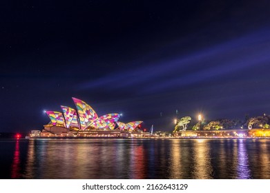 2022-05-30 - Circular Quay, NSW, Australia. This photo shows the Sydney Harbour Bridge during the 2022 Vivid Sydney Festival. It is the first week of the event, after being cancelled for 2 years.