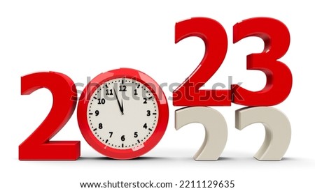 2022-2023 change with clock dial represents coming new year 2023, three-dimensional rendering, 3D illustration