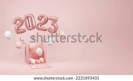 2023 Balloons Text for Christmas and New Year festival Metallic Rose gold foil balloons. 3D rendering.