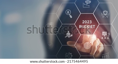 2023 Budget planning and management concept. Company budget allocation for business or project management. Effective and smart budgeting. Plan, review, approve, allocate, analyze and optimize budgets.