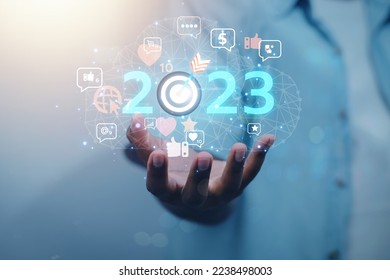 2023 business concept, business people set goals to create an online communication network, global Internet technology to develop a corporate information management system.
