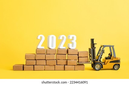 2023 Business ecommerce or export , import concepts with text number on product box order.marketplace and transportation service.copy space - Shutterstock ID 2234416091
