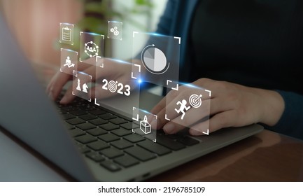 2023 Goal, plan, action, Business plan and strategies. Business annual plan and development for achieving golas. Goal achievement and success in 2023. Working on computer to show  business plan. - Shutterstock ID 2196785109