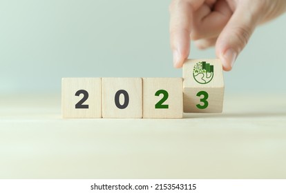 2023; Green Business, Enviromental Sustainability. Carbon Offset And Neutrality Strategies.  2023 Written On Wooden Cubes And Green Community. Goals,plan,opportunity, New Green Business And Social.