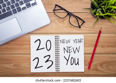 2023 Happy New Year Resolution Goal List and Plans Setting - Business office desk with notebook written about plan listing of new year goals and resolutions setting. Change and determination concept. - Shutterstock ID 2237682603