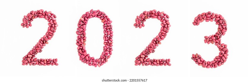 2023 Headline From Red Kidney Beans On White Background. New Year Caption Or Title.