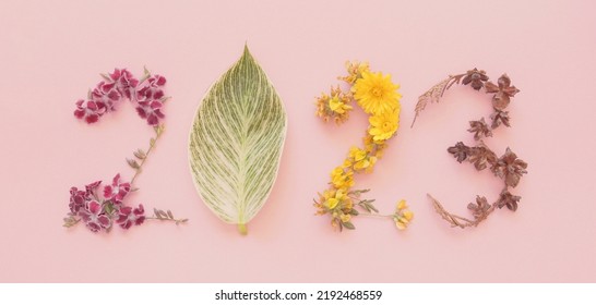 2023 made from natural plants, leaves and flowers, Happy New Year wellness and healthy lifestyle resolutions, holidays retreat concept - Shutterstock ID 2192468559