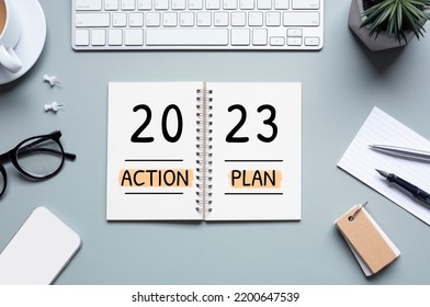 2023, new year action plan concepts with text on notepad and office accessories.Business management,Inspiration to success ideas