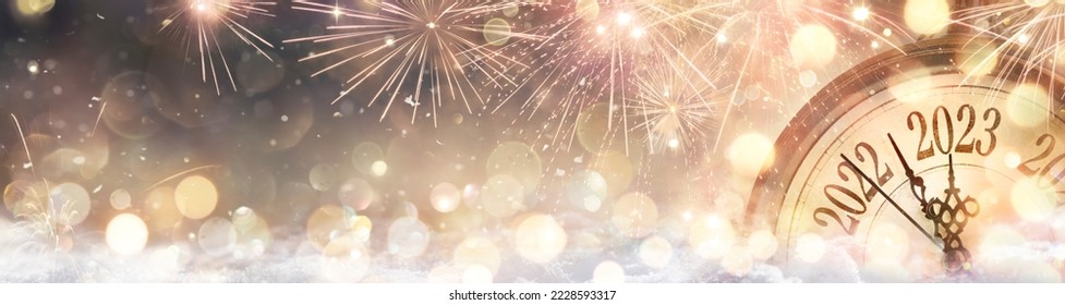 2023 New Year Celebration - Golden Clock And Fireworks At Eve Night In Abstract Defocused Lights - Shutterstock ID 2228593317