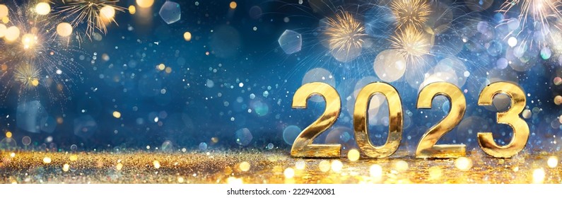 2023 New Year Celebration - Golden Number And Fireworks At Blue Eve Night In Abstract Defocused Lights - Shutterstock ID 2229420081