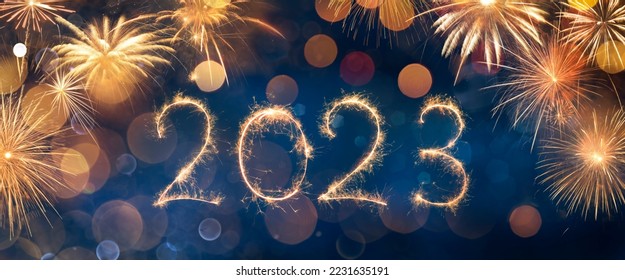 2023 New Year Celebration With Sparkler And Fireworks At Blue Eve Night - Abstract Background With Defocused Lights - Shutterstock ID 2231635191