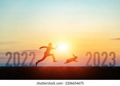2023 New Year concept. Silhouettes of running man and rabbit. - Shutterstock ID 2206654675
