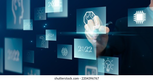 2023 New Year Future Business Tech Companies Development Innovation Creative Idea Artificial Intelligence AI Digital Technology Machine, Data Online Security, Graphic Icon Illustration Blue Backgroun