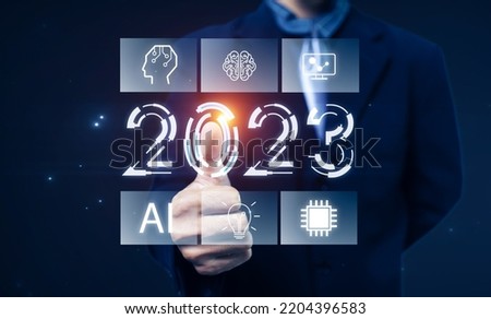 2023 new year future business tech companies development innovation creative idea artificial intelligence AI digital technology machine, data online security, graphic icon illustration blue background