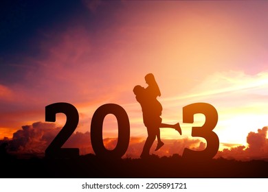 2023 Newyear Silhouette young couple Happy for romantic new year concept.