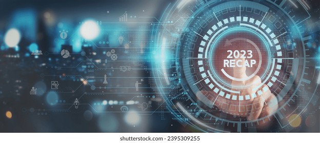 2023 Recap economy, business, financial concept. For business planning. Businessman touching on  word 2023 recap with smart screen background. Business transformation strategy and development.
