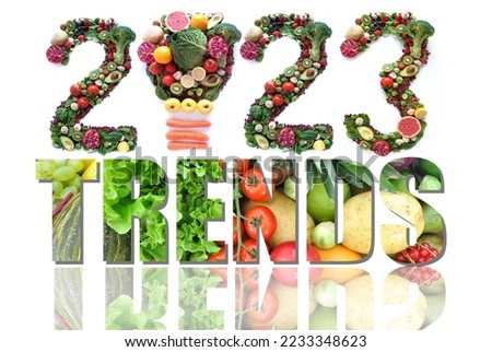 2023 trends made of fruits and vegetables including a light bulb icon