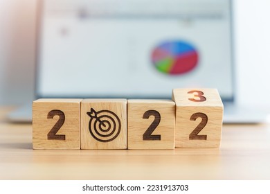 2023 Year block with dartboard icon against computer laptop background. Goal, Target, Resolution, strategy, plan, Action, mission, motivation, and New Year start concepts - Shutterstock ID 2231913703