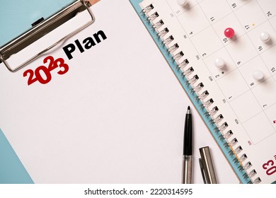 2023 Year On Business Planning Notebook With Calendar And Pin For  Make Strategic Action Plan Item Concept.