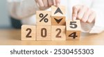 2024 to 2025 New year with percentage change to UP and Down arrow. Interest rate, GDP, stocks market, financial, deflation and Inflation, mortgage, debt, Loan and Economic Recession