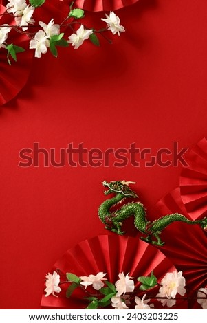 2024 Chinese New Year, year of the dragon vertical banner template with dragon, sakura flowers, folding paper fans on red background.