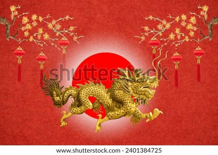 2024 Chinese New Year, year of the golden Dragon on red paper background.