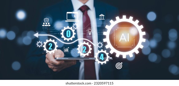 2024 concept, Programmer people working on laptops with AI, artificial intelligence software engineer coding on laptop computers with technology icons and binary code, big data, Ai bot digital machine