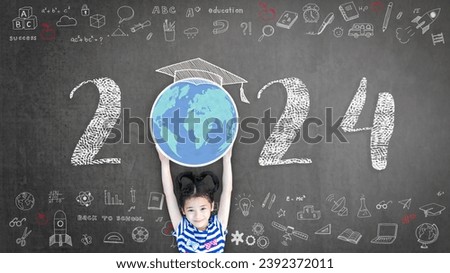 2024 educational academic new year calendar for school class with student kid raising world global planet on teacher's green chalkboard for back to school celebration, classroom schedule concept