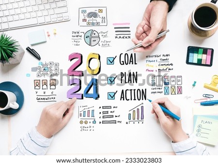 2024 goal plan action with vision of digital transformation and strategy,marketing over view concepts,business team and creativity.top view work table