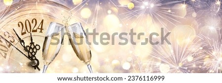 2024 Happy New Year - Celebration With Champagne And Clock - Gold Abstract Defocused Bokeh Lights
