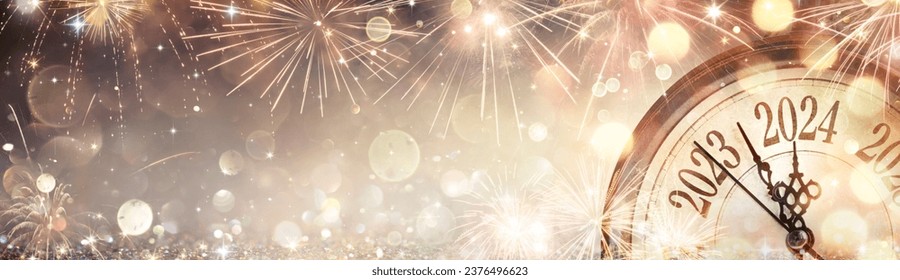 2024 Happy New Year - Clock And Fireworks Waiting Midnight - Abstract Defocused Background
