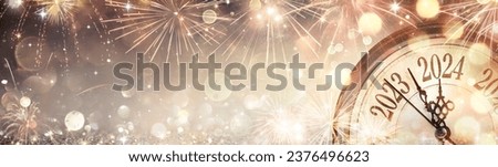 2024 Happy New Year - Clock And Fireworks Waiting Midnight - Abstract Defocused Background
