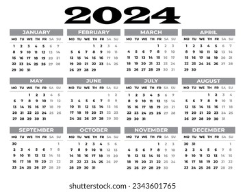 2024 Monday Start Horizontal Black and White Calendar Template, Simple layout of pocket or wall calenders. Desk calendar template. Yearly Stationery organizer in minimal design - Powered by Shutterstock