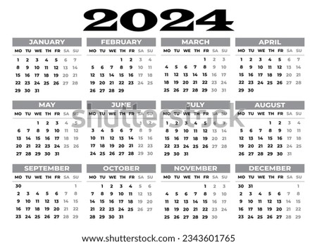 2024 Monday Start Horizontal Black and White Calendar Template, Simple layout of pocket or wall calenders. Desk calendar template. Yearly Stationery organizer in minimal design