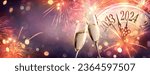2024 New Year Celebration - Champagne And Clock For Countdown - Toast Cheering With Abstract Defocused Background