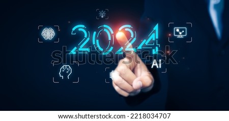 2024 new year future business tech company development innovation creative idea artificial intelligence AI digital computer technology, data online security, graphic icon illustration blue background